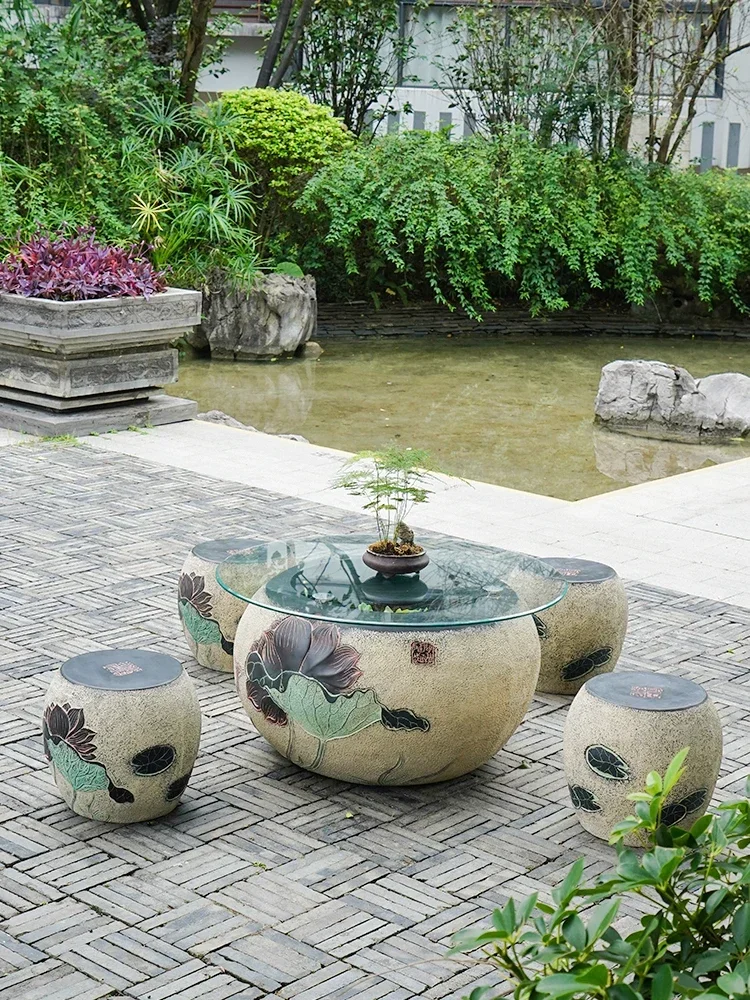 Outdoor Courtyard Small Garden Coffee Table Fish Tank New Chinese Balcony Tea Room Decoration Furniture Stool Tea Table