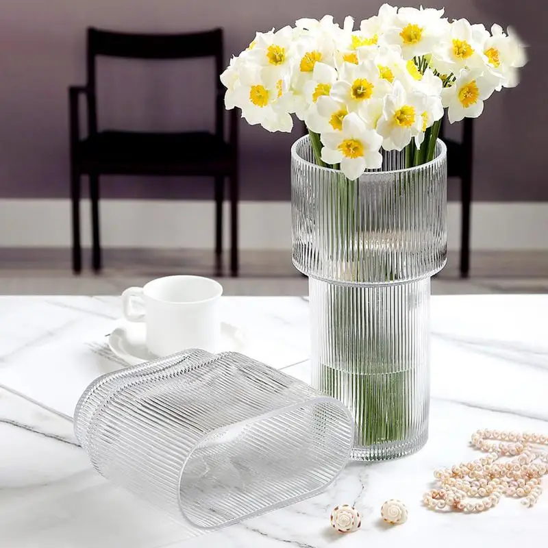 Modern Vase Clear Ribbed Glass Flower Vases Fluted Decorative Wide Short Flower Vase For Centerpieces Living Room Dining Table