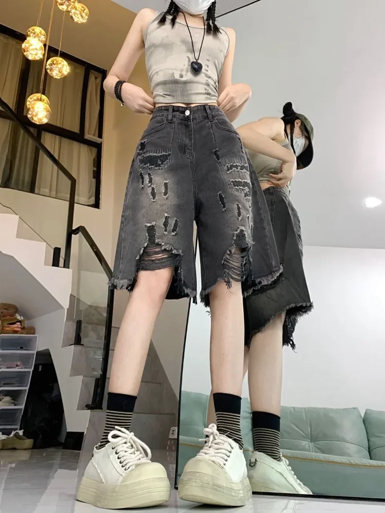 Pantalones cortos vaqueros con agujeros Vintage americanos para mujer, pantalones cortos de pierna ancha de cintura alta de verano, nuevos pantalones rectos sueltos de cinco puntos 2025