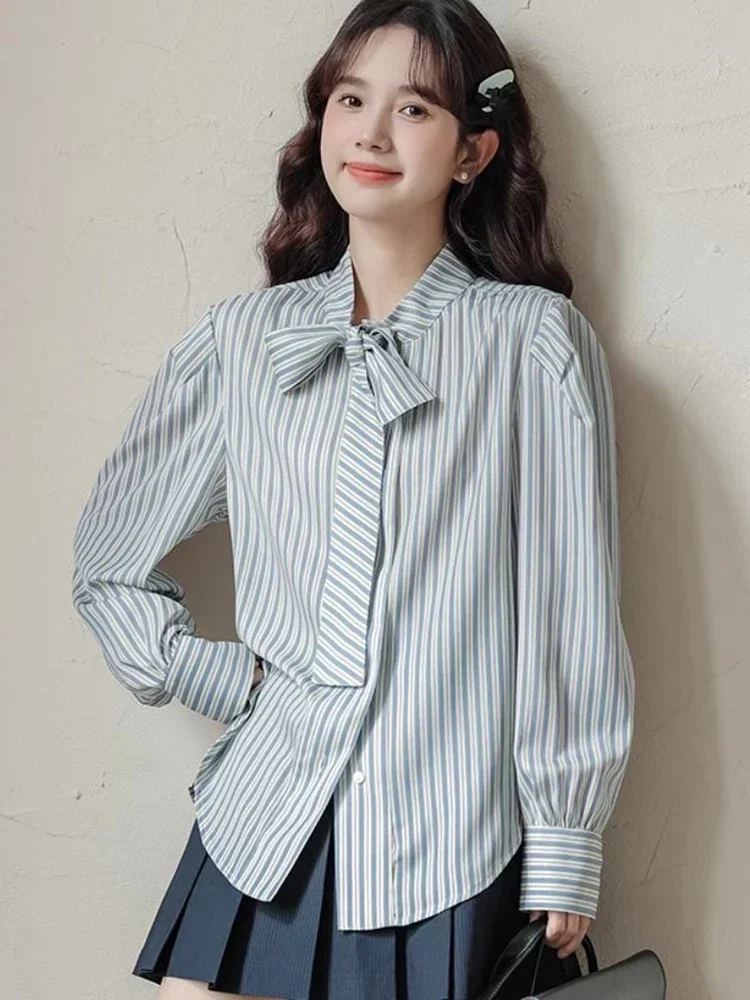 

Sweet Korean Striped Shirts Women Elegant Bow Long Sleeve Blouse Casual Preppy Style Loose Design Female Spring Tops New