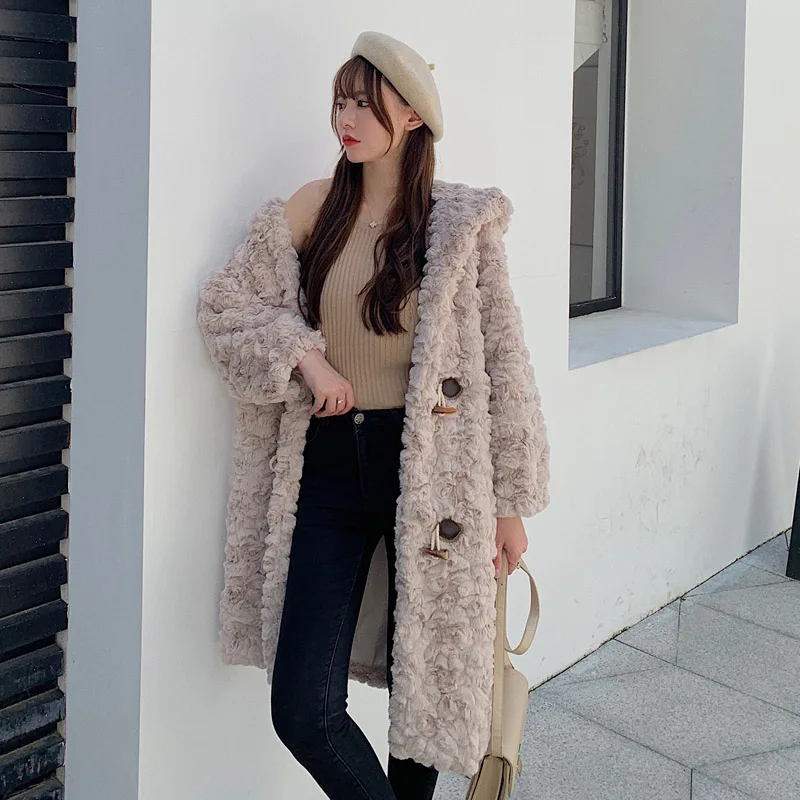 2025 ملابس نسائية بقلنسوة متوسطة الطول تقليد معطف فرو أرنب ريكس شتاء جديد 1125