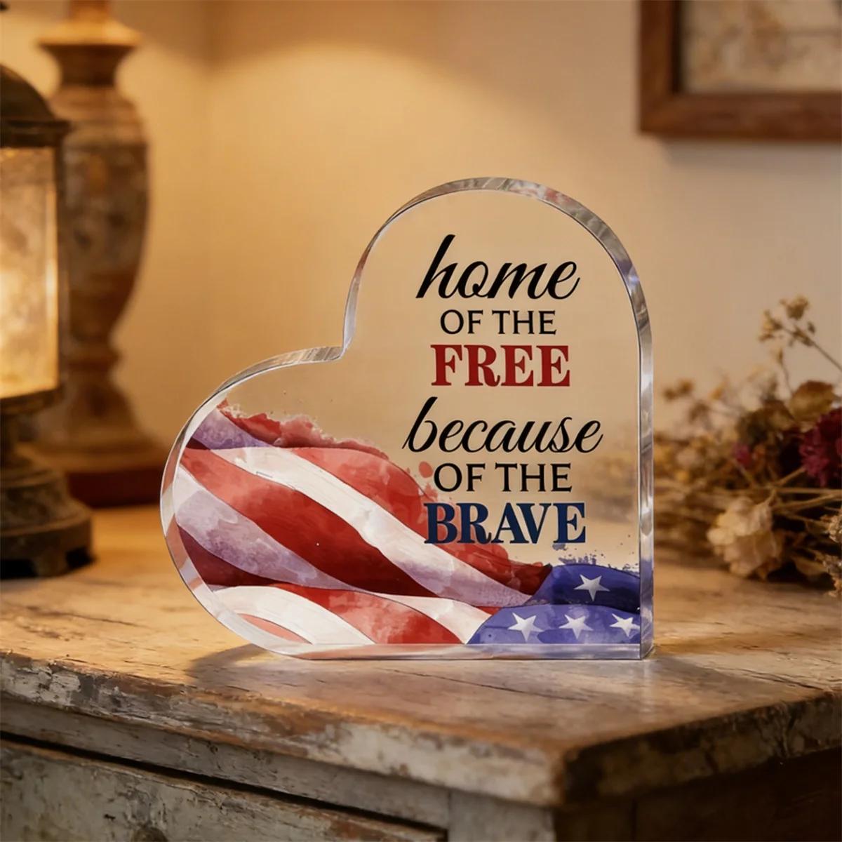 USA Independence Day Heart Star Stripes Table Centerpiece, Patriotic Wooden Flat Decoration for Home Office Party Mantelpiece