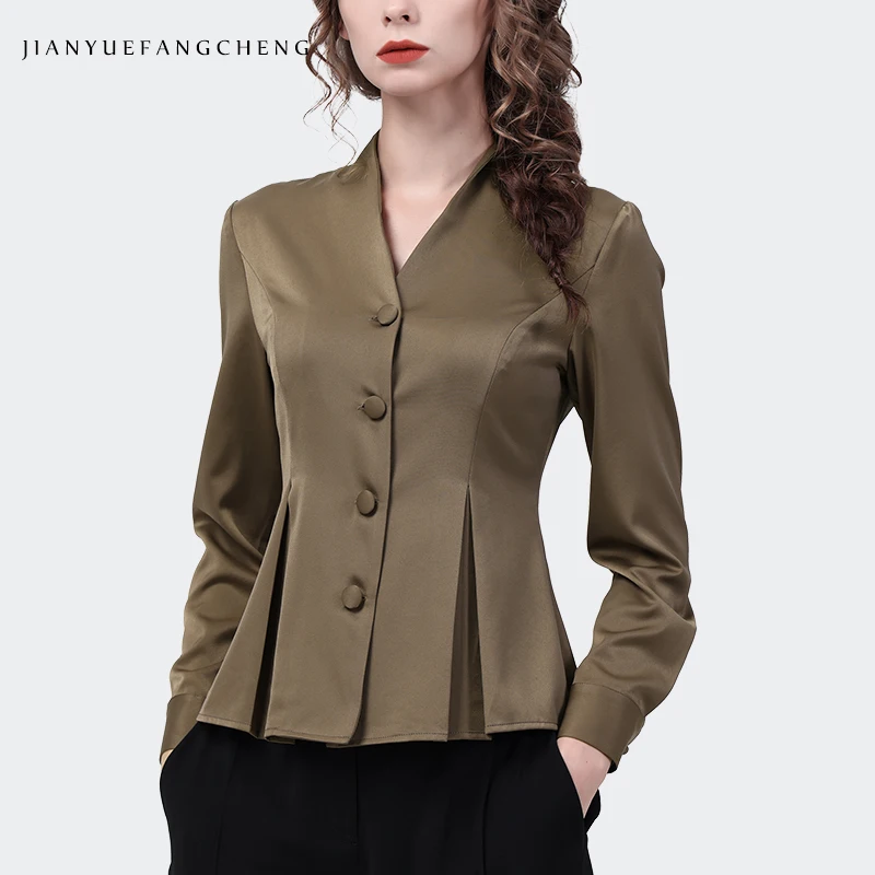 Satin Top Womens Long Sleeve Olive color Shirt 2024 Spring Summer Tops Elegant Slim V-neck Cinched Waist Blouses