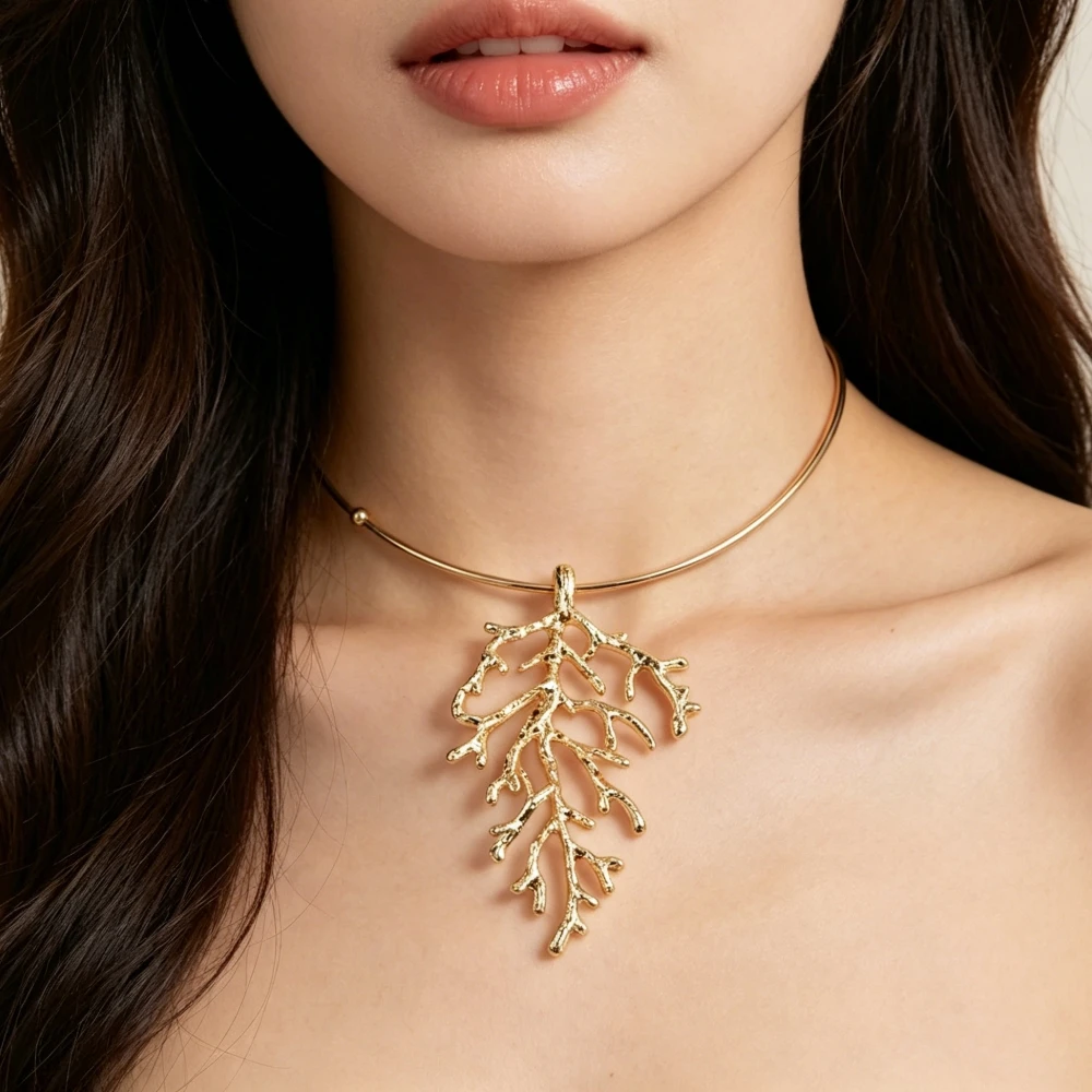 2026 New Punk Golden Metal Choker Necklae With Raised Coral Pendants Women Indian Vintage Statement Necklace Jewelry