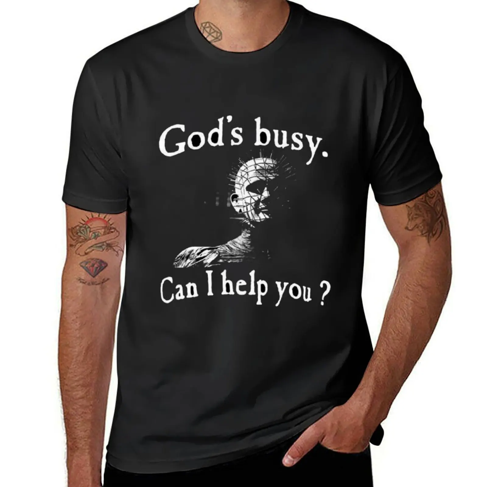 

Pinhead Hellraiser god’s busy, can I help you T-Shirt cotton graphic tees graphic tee shirt cute clothes anime shirts men
