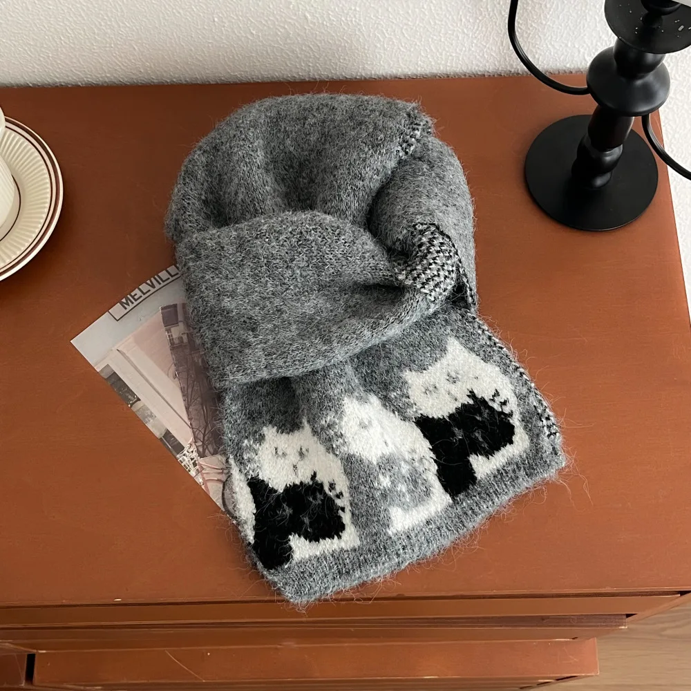 Japanese cute cartoon kitten knitted scarf female winter thickened warm couple student wool scarf