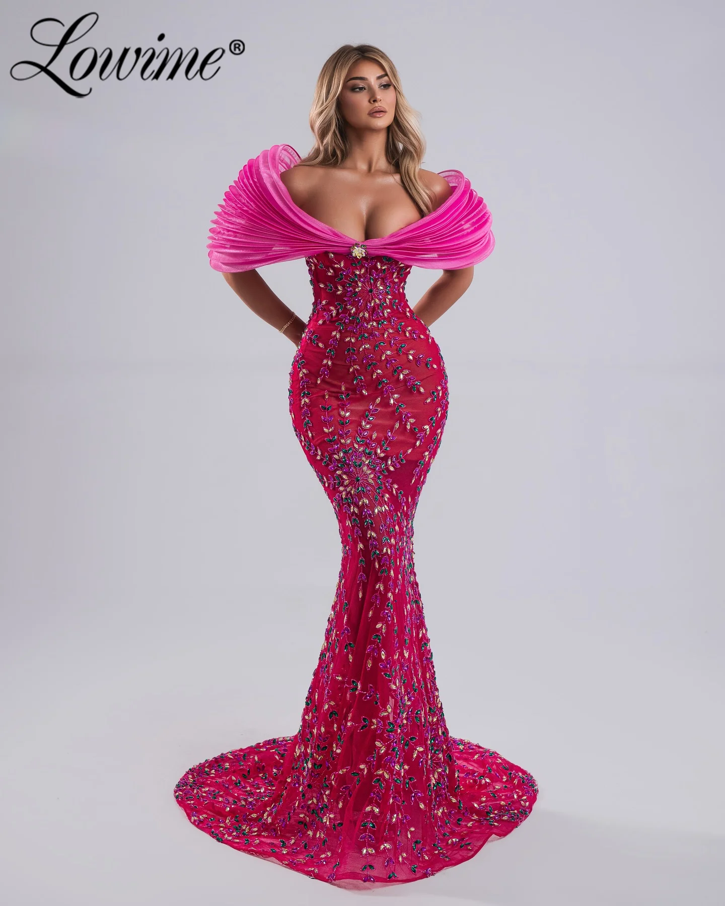 

﻿ Hot Pink Party Dress Heavy Crystals Evening Gown Customized Off The Shoulder Birthday Engagement Gown 2025 Mermaid Prom Dress