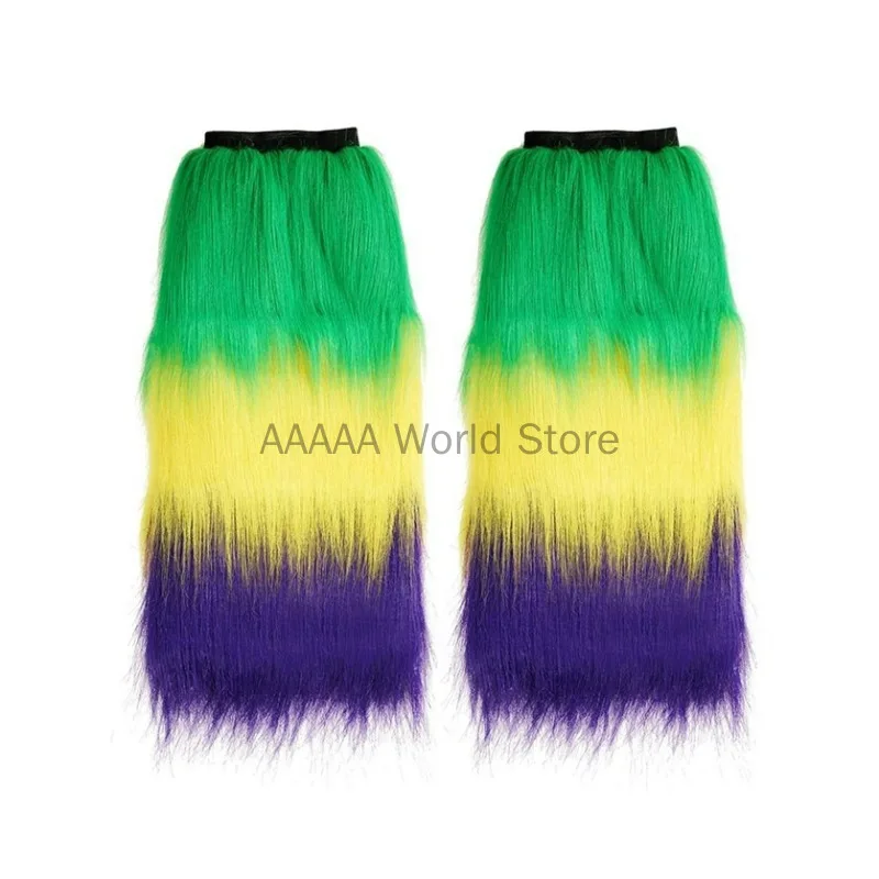 Mardi Gras Fuzzy Stockings Purple Green Yellow Leg Cover Plush Carnival Cosplay Costume Tri-color Leg Sets Furry Legwarmers