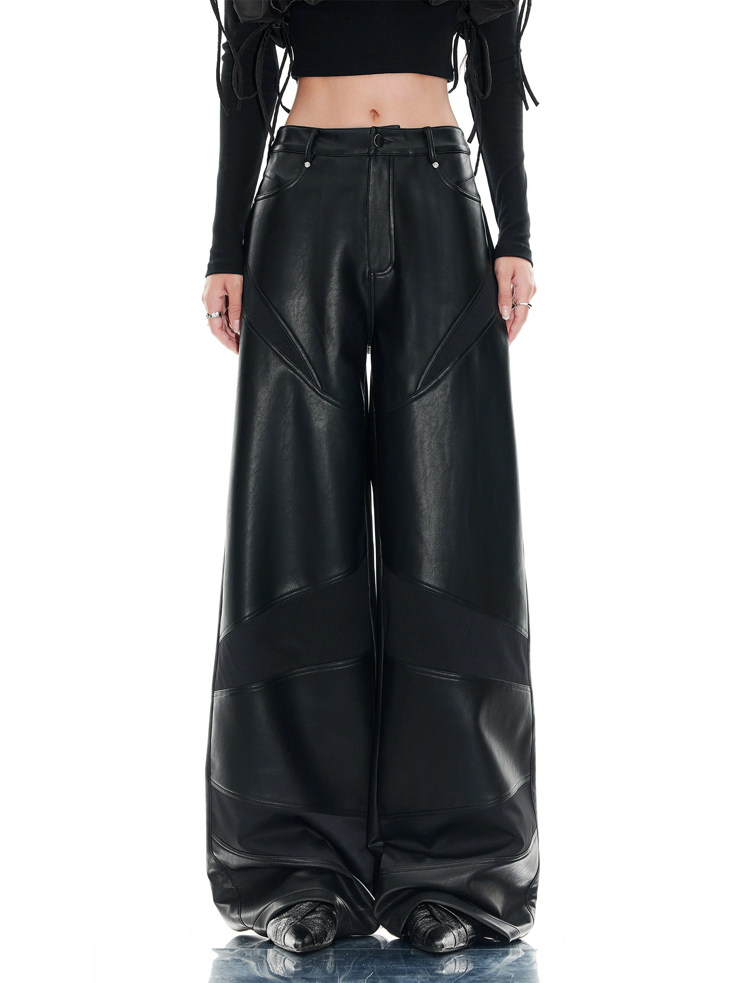 

27-46 New Men Women's Clothing Black Loose Fitting Wide Leg Leather Pants Lovers Trousers Plus Size Singer Costumes