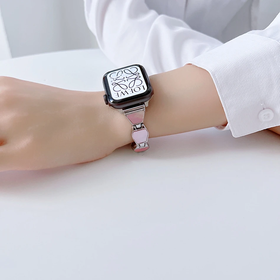 Apple Watch Ultra 49mm iWatch Series 7 8 6 SE 4 5 38/40/41mm 42/44/45mm用の高級シェル六角形メタルストラップ：ウォッチバンドブレスレット