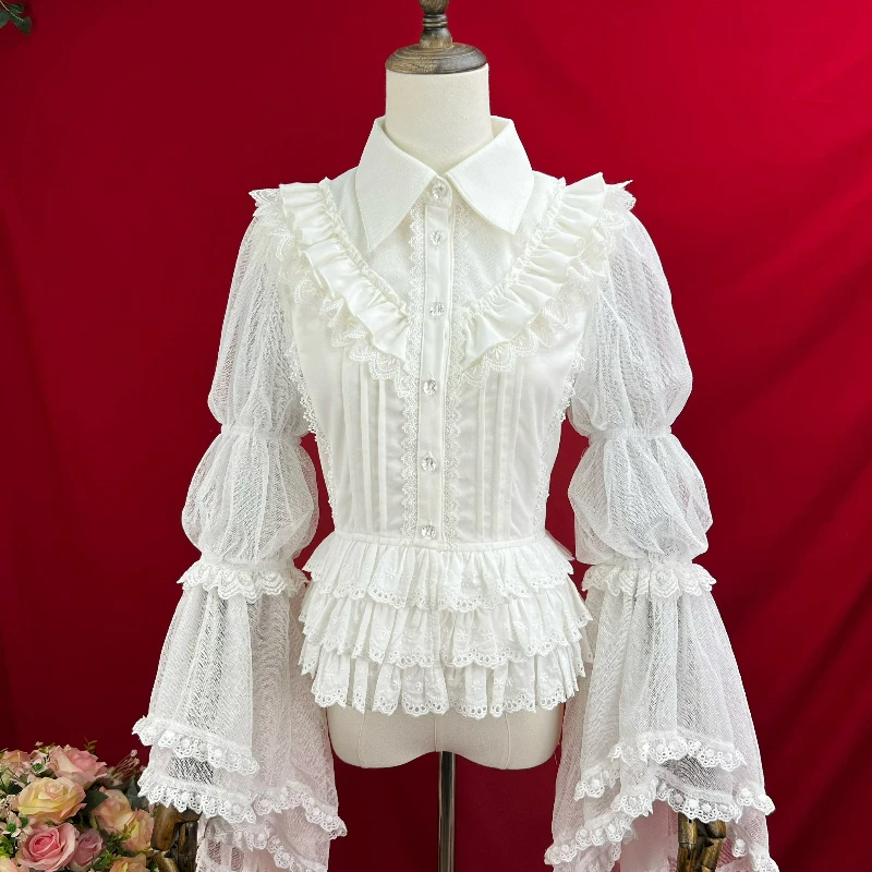 

Японские блузки в стиле Kawaii Sweet Lolita для женщин: винтажные готические кружевные блузки с рюшами, расклешенные, с длинными рукавами, повседневные, элегантные, в стиле Y2K, приталенные топы