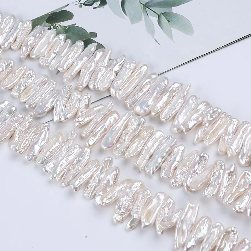 Hot Wholesale 7.5*25mm White Long Biwa Freshwater Peal Beads Strand