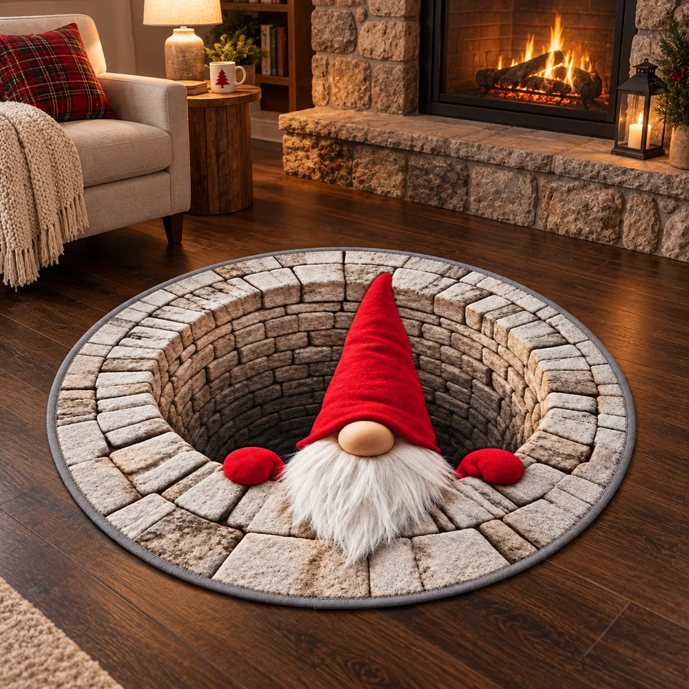Christmas Gnome Stone Well Round Area Rug, 3D Optical Illusion Floor Mat For Entryway, Living Room, Cabin Decor And Gifts