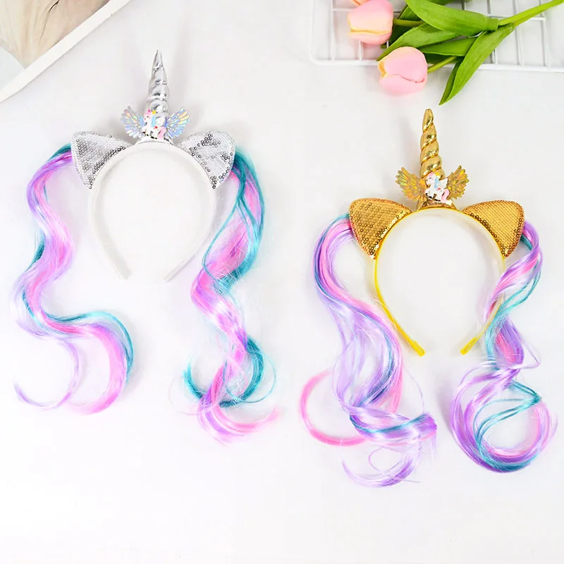 Unicorn Birthday Girl Headband Sequined Two Pigtail Hair Hoop Hairbands Baby Shower Unicorn Birthday Party Decoration Headwear