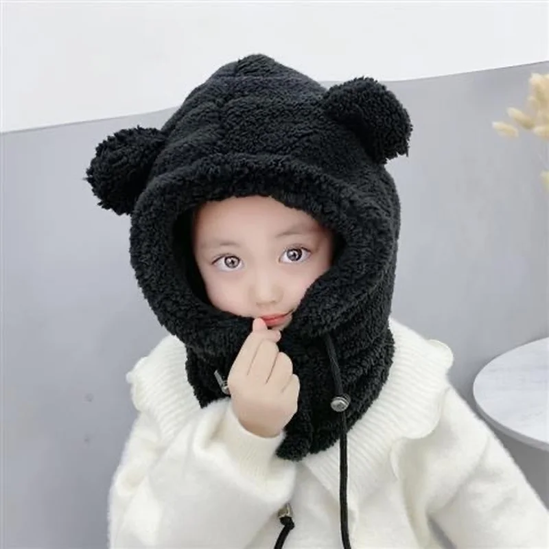 Plush Bear Balaclava with Ears Mask Ear Warmer Hat Cute Children\'s Thicken Warm Winter Hats for Women Girl Neck Warmer Hood