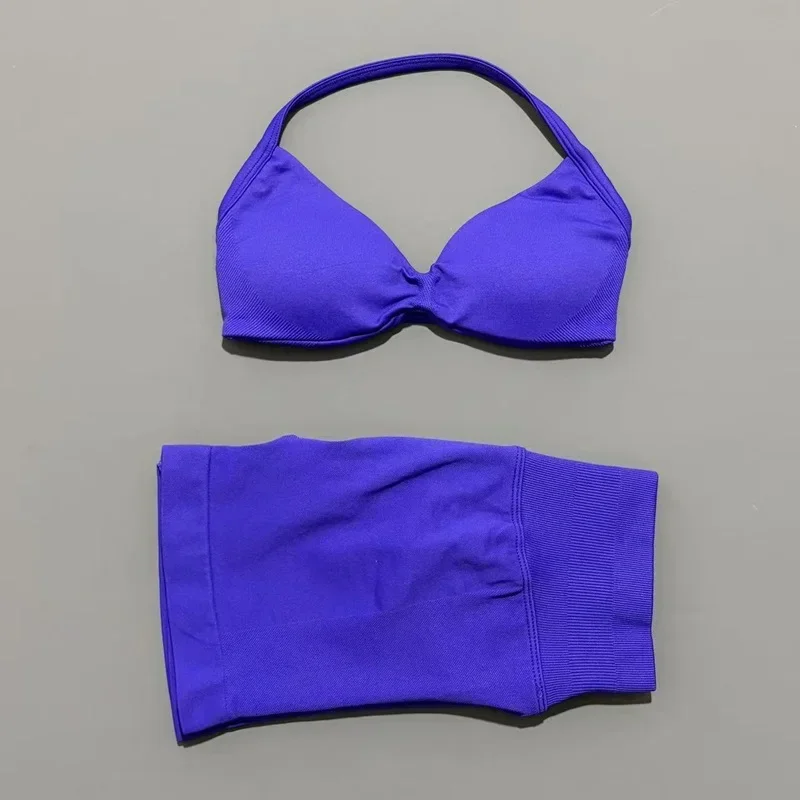 2-delig sportset dames, sportbeha met bandjes, gymshorts, sportpak, fitnesskleding, naadloze yogaset
