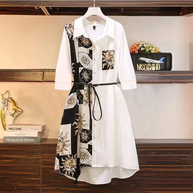 

2024 New Summer Dress Fashion Women's Casual Dress Mid Length Printing Shirt Dresses Dress Slim Long Shirt With Belt Female