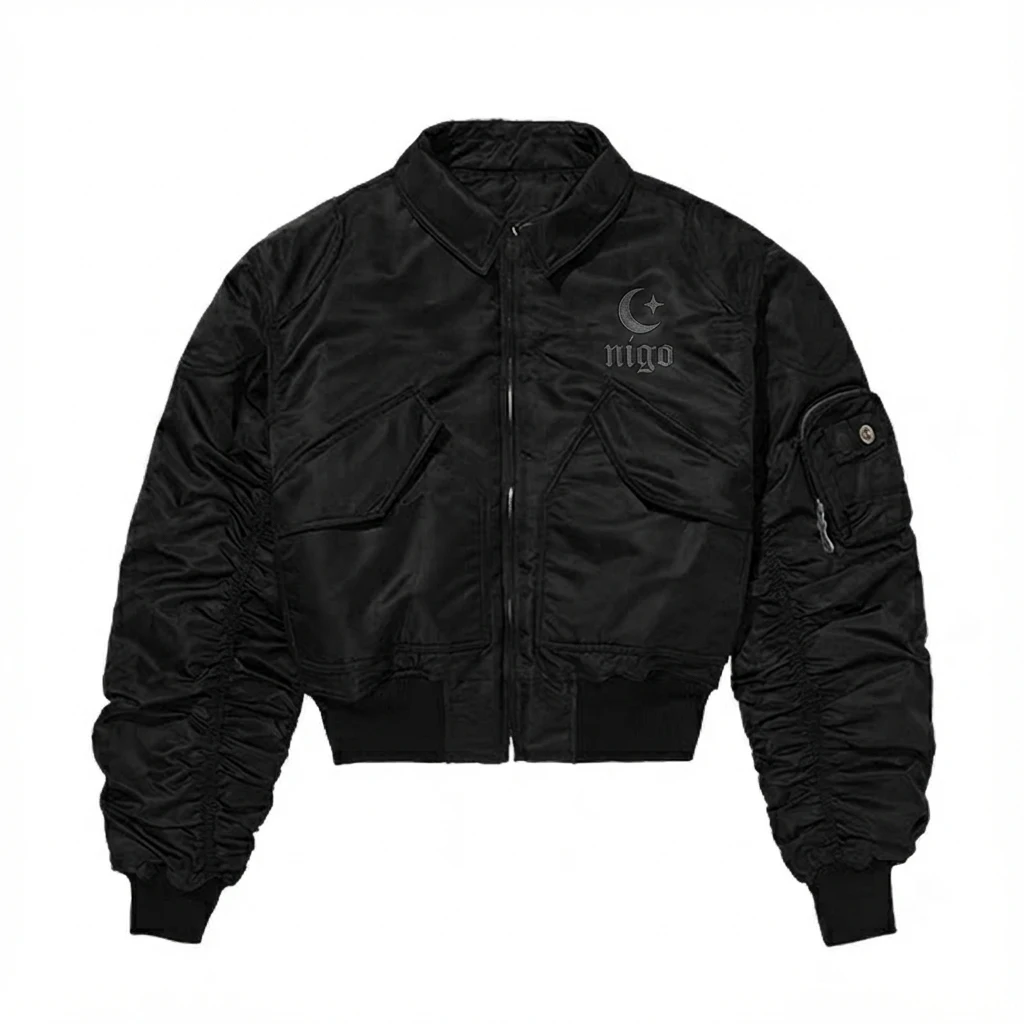

NIGO Men's Black Satin Bomber Jacket Comfort Fit Ideal Autumn Winter Street Wear Casual Outings #NIGO9567Z