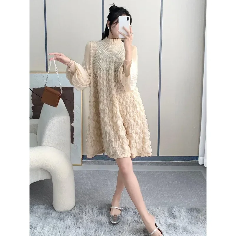 GGHK Pleated Women Dresses 2024 Autumn New Solid Color Round Neck Beaded Design Loose Large Size Fashion Casual Dresses