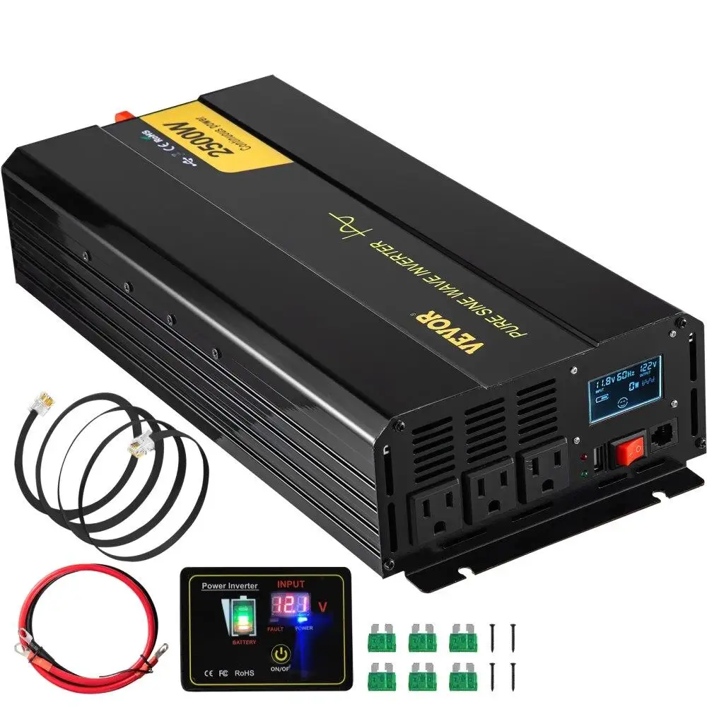 Pure Sine Wave Inverter 2500W DC 12V to AC 120V for rv Truck Car Solar System Travel Camping USB Port LCD Display Remote Control