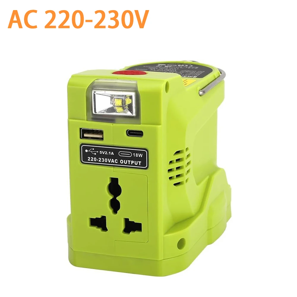 200W Power Inverter Generator for Ryobi 18V Lithium Battery,DC 18V To AC 120V 220V Portable Power Station with 280lm LED Light