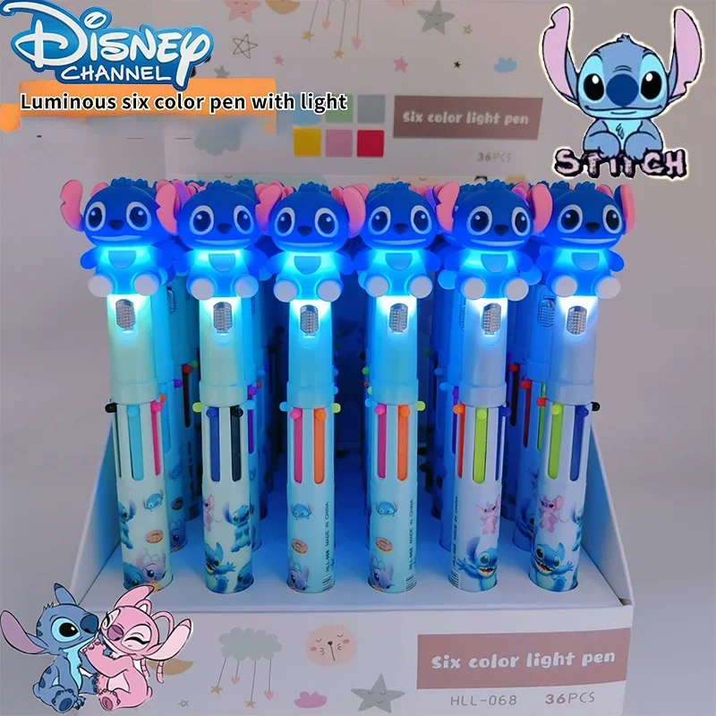 Disney Stitch Glowing 6 Color Pen Cartoon Multicolor Ballpoint Pen Student Stationery Writing Tools Supplies Ballpoint Pens Gift