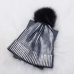 Hair Ball Warm Knitted Metallic Shiny Girl Autumn Winter Soft Crochet Cute Pompom Cap Beanie Windproof Solid Women Hats