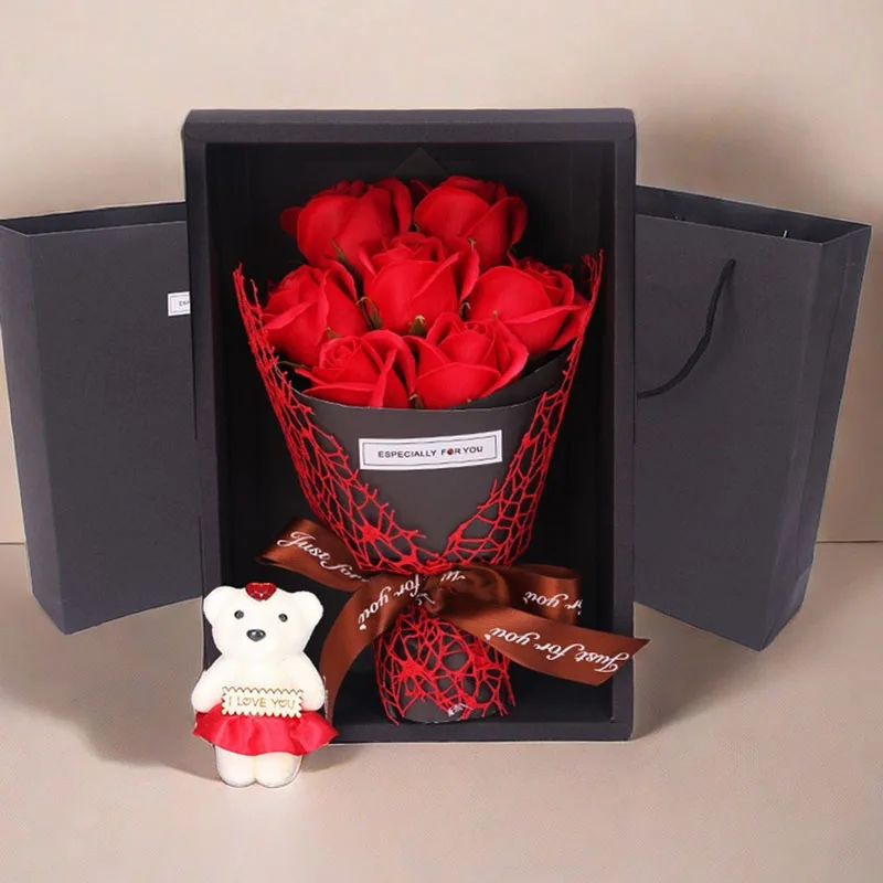 7 Heads Artificial Rose Bouquet Little Bear Gift Box Handmade False Flower Bouquet Mother's Day Birthday Party Gifts Home Decor