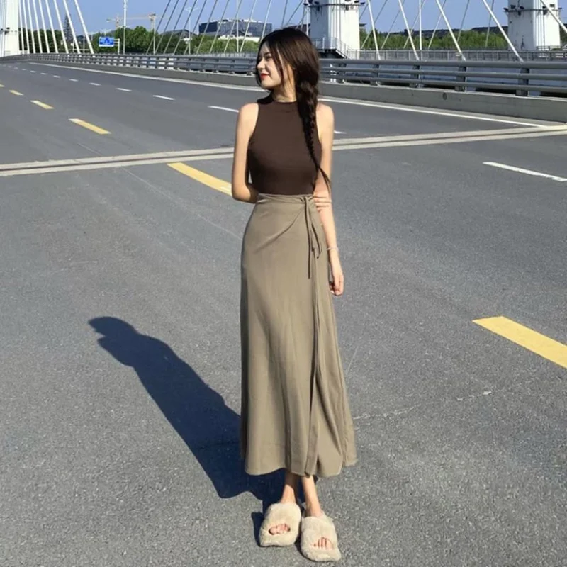 

One-piece High-waisted Women's Long Skirt Beach Skirts for Elegant Women Vintage Youthful Woman Clothes Womens Office Wear Midi