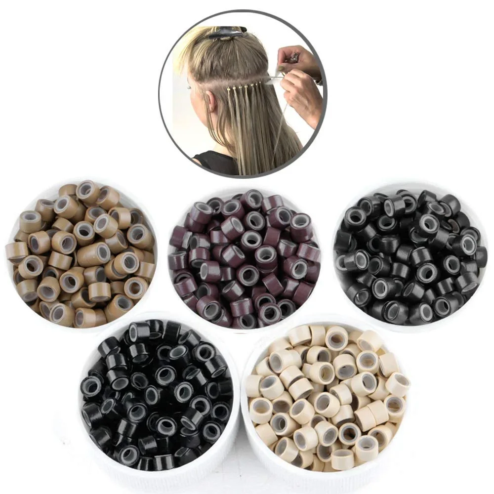 500 stuks haarextensies micro-ringen links kralen, 5 mm siliconen gevoerde kralen voor human hair extensions tool-meerkleurig