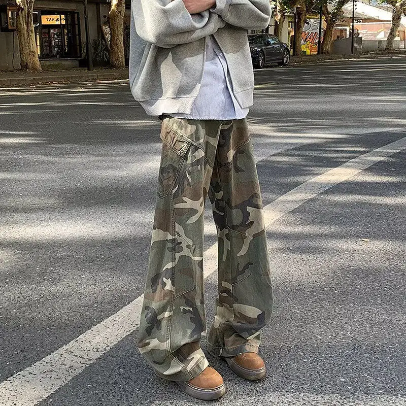 American Retro Camouflage Pants Men's Spring Autumn Loose Wide Leg Workwear Trousers Casual Straight Cut Denim Jeans