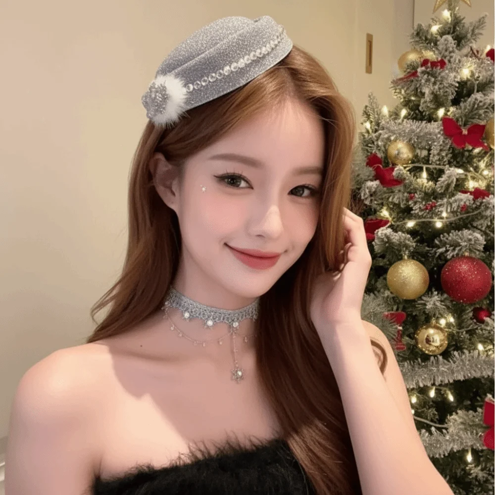 Beret Fedoras Hat Hair Clip Formal Hat Rhinestone Red Top Hat Hairpin Hat Decoration Hairband Snowflake Fascinator Hat
