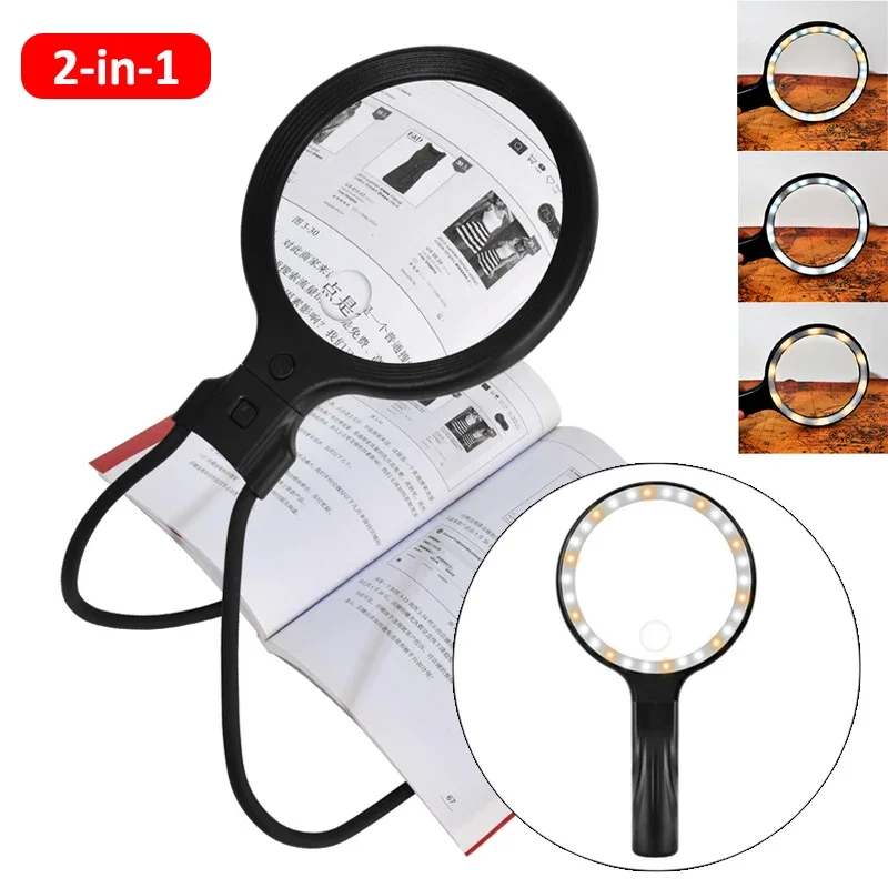 

2-in-1 Neck-wearing/Handheld Magnifier Rechargeable Magnifying Glass 30 LEDs Hands Frees 5X 10X Magnification Glass for Reading