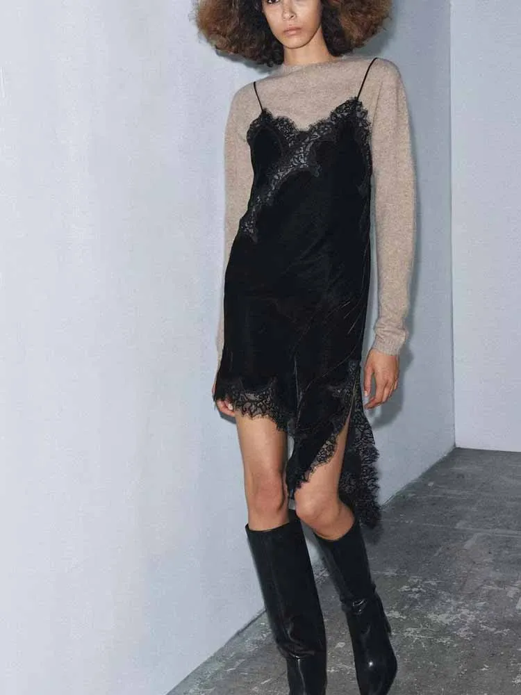Europese en Amerikaanse stijl winter nieuwkomers modieuze dameskleding ontwerp jarretel kant faux fluwelen jurk