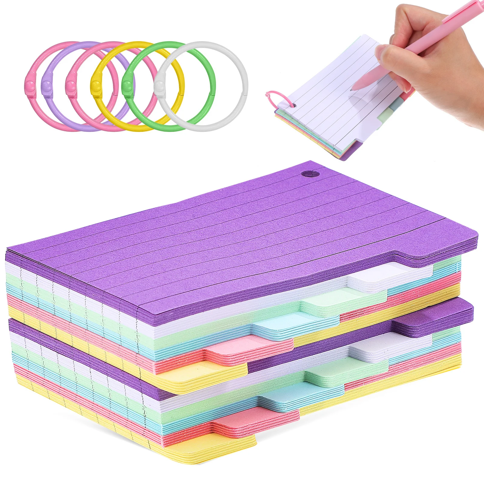 6pcs Ruled Index Cards Color-Coded Tabs Pre-Punched Holes For Studying Notes Flash Cards Binder Rings Included Note Pads For