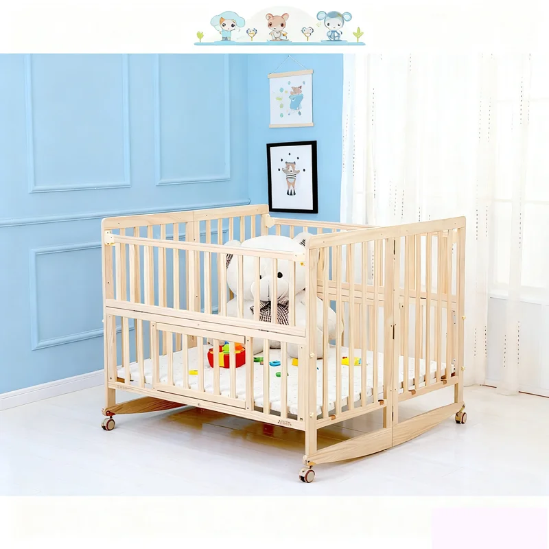 

Многофункциональная кроватка для близнецов из сосновой древесины с набором одеял и москитной сеткой, удлиняющая кроватку и прикроватная кроватка.