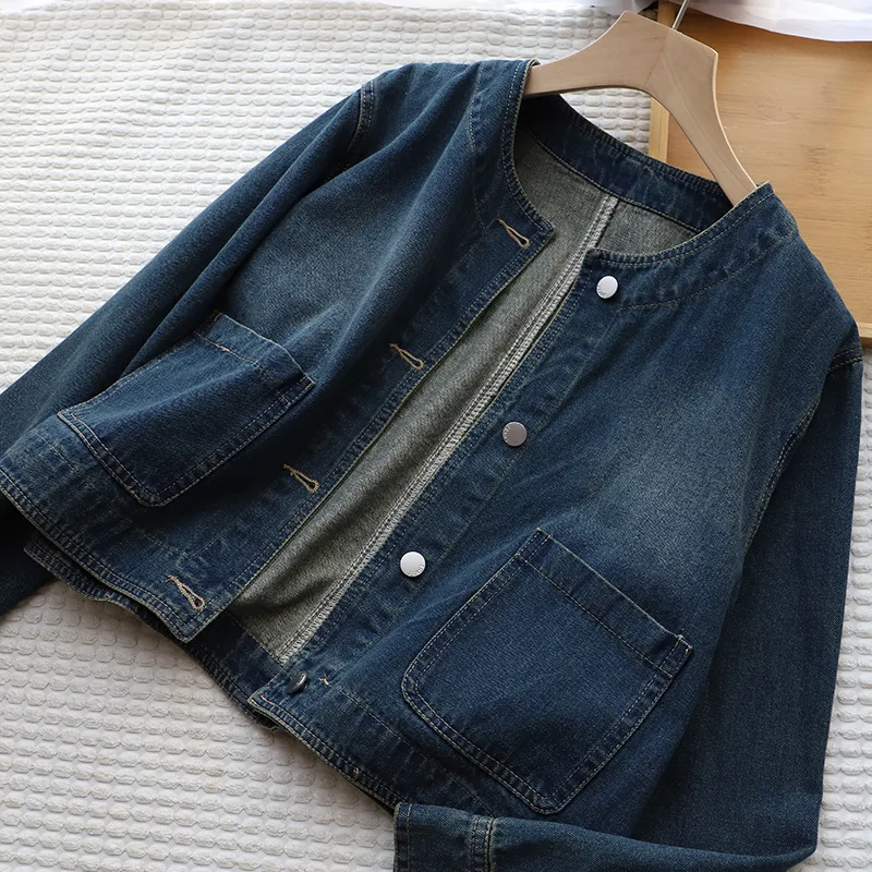 Women Denim Short Coat Loose Single Breasted Full Sleeve Jacket Round Neck Work Casual Vintage Washed Autumn Y2k Streetwear 2026