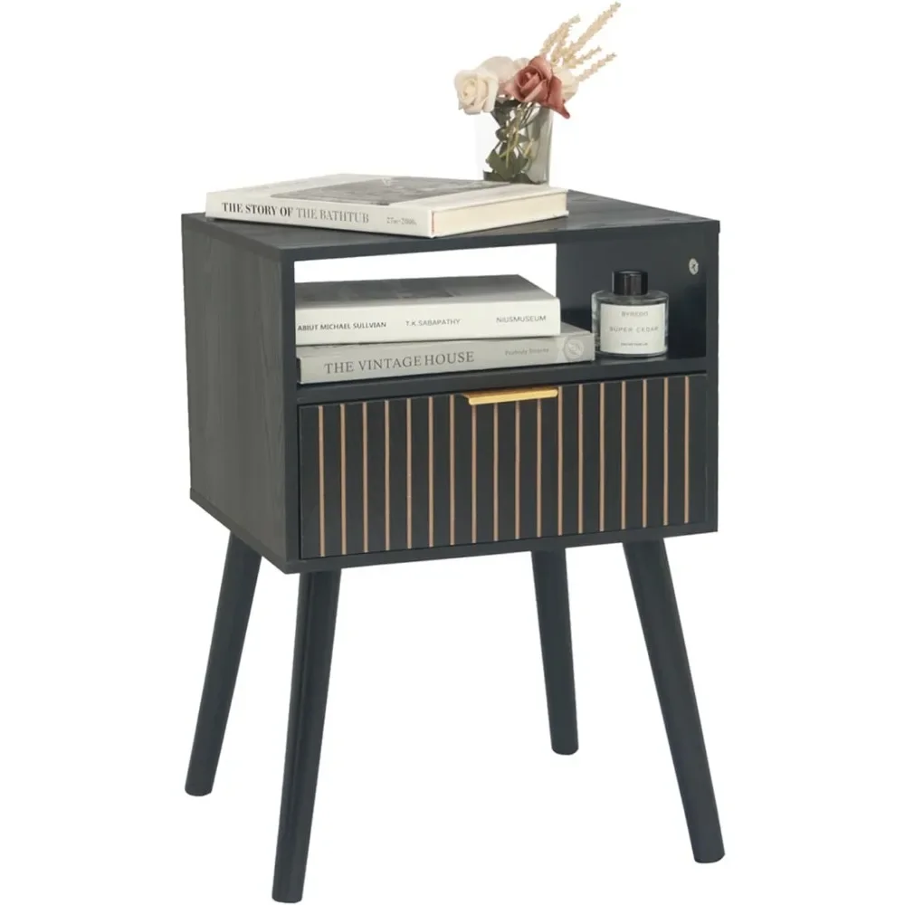 

Nightstand with Drawer, Mid Century Modern Bedside Table with Open Shelf Storage, End Table with Solid Wood Legs