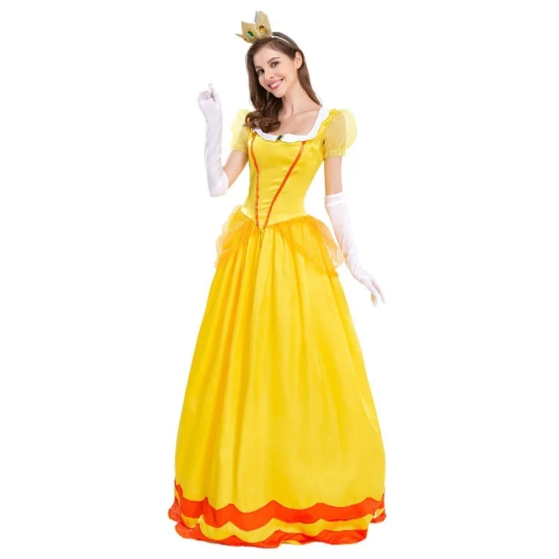 Super Marios Bros Daisy Princess Summer Dress for Women Adult Cosplay Costume Carnival Party Lady Dresses with Glove Crown Suit