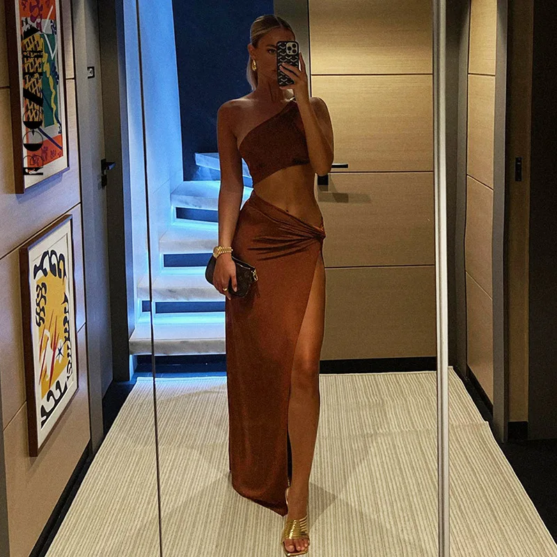 BoozRey 2022 jedno ramię plaża Maxi sukienka kobiety lato brązowy Sexy Backless bez rękawów elegancka z rozcięciem sukienki bandażowe typu Bodycon