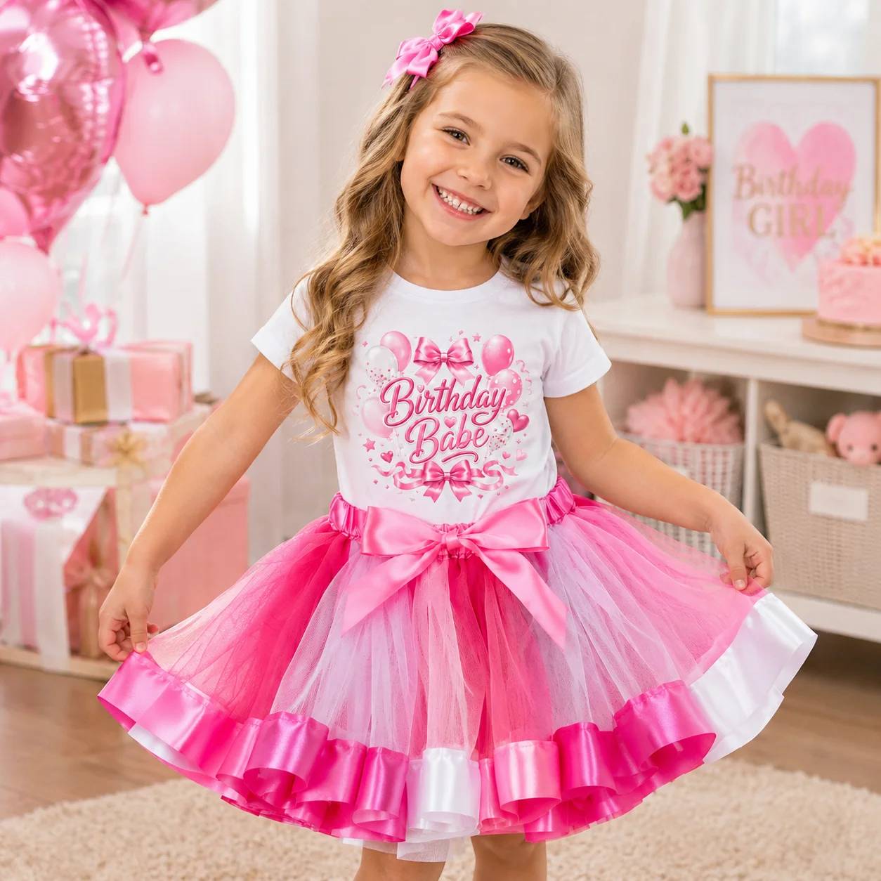 Kids Girls Birthday Babe Tutu Dress Pink & White Ombre Tulle Skirt with Bow, Short Sleeve Printed Top Birthday Party Outfit for