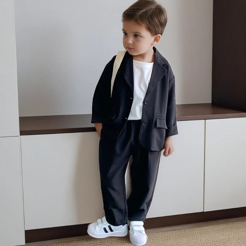 Boys Casual Suit Set Black Loose Blazer Pants 2-piece School Kids Host Performance Outfits Formal Flower Boy Wedding Costume 8 Y