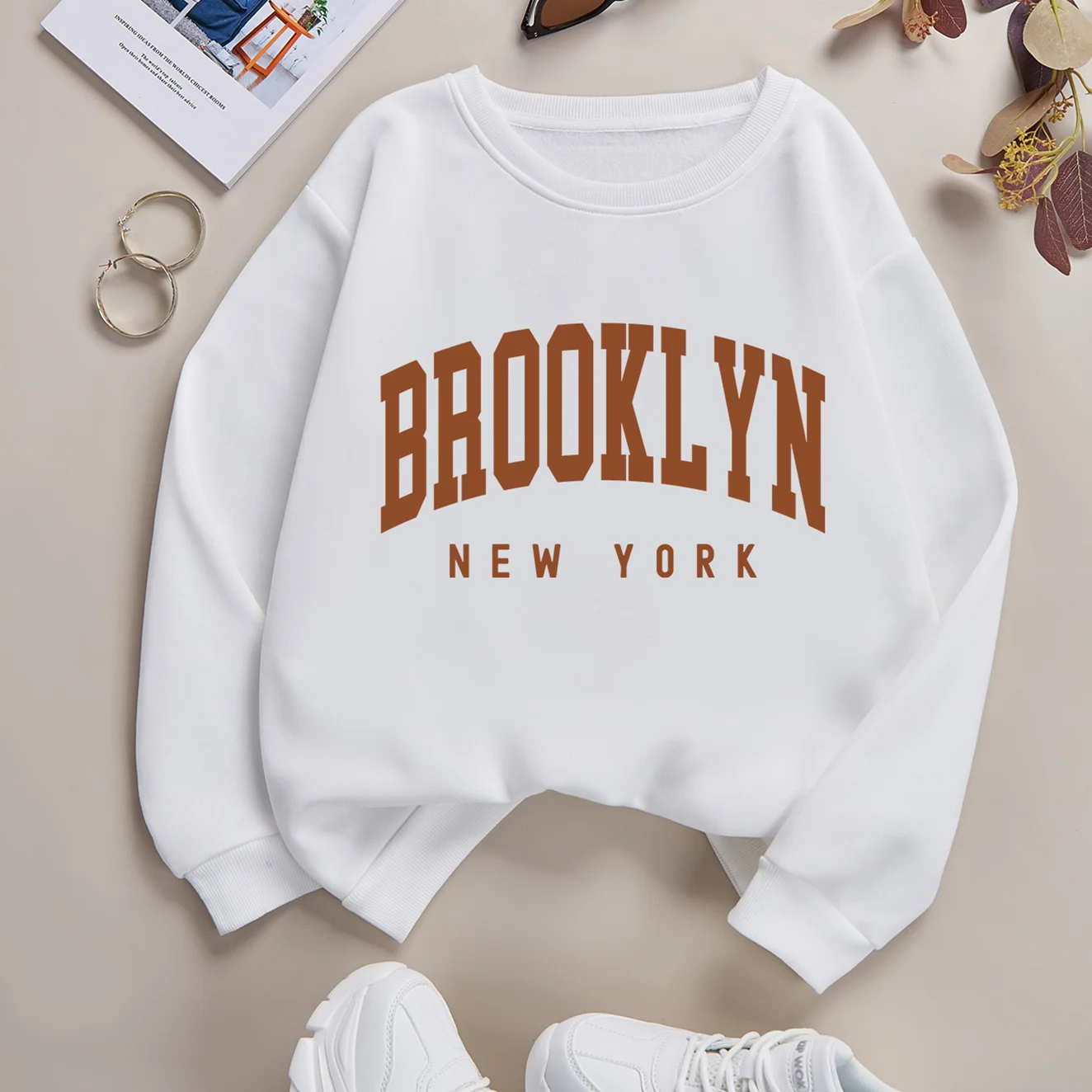 Brooklyn  New York Autumn Winter Warm Women Fashion Letter Print Sweatshirts Round Neck Sweatshirt