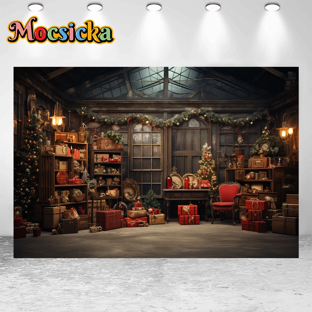 Mocsicka 겨울 크리스마스 사진 배경 크리스마스 트리 선물 스탠드 테마 휴일 파티 홈 사진 배경 스튜디오 소품