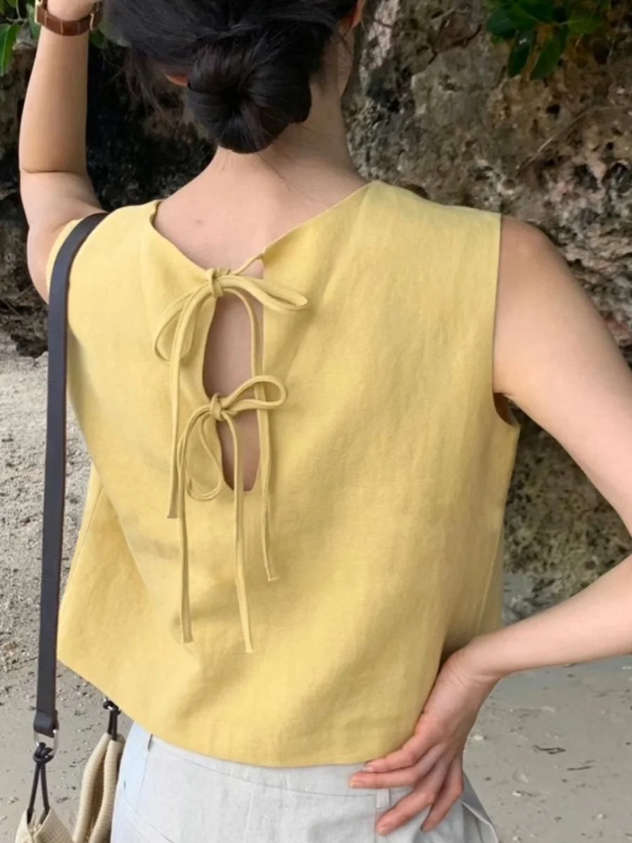 한국 슬림핏 블루 보타이 여성 여름 신상 휴가 캐주얼 다용도 베스트 탑 루즈핏 라운드넥