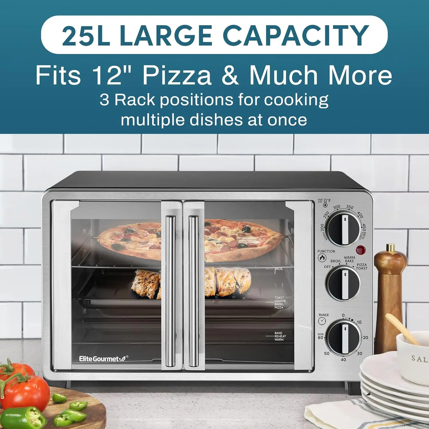 Oven pemanggang meja pintu Prancis ganda, panggang, Broil, panggang, tetap hangat, cocok untuk pizza 12 inci, kapasitas 25l, Stainless.