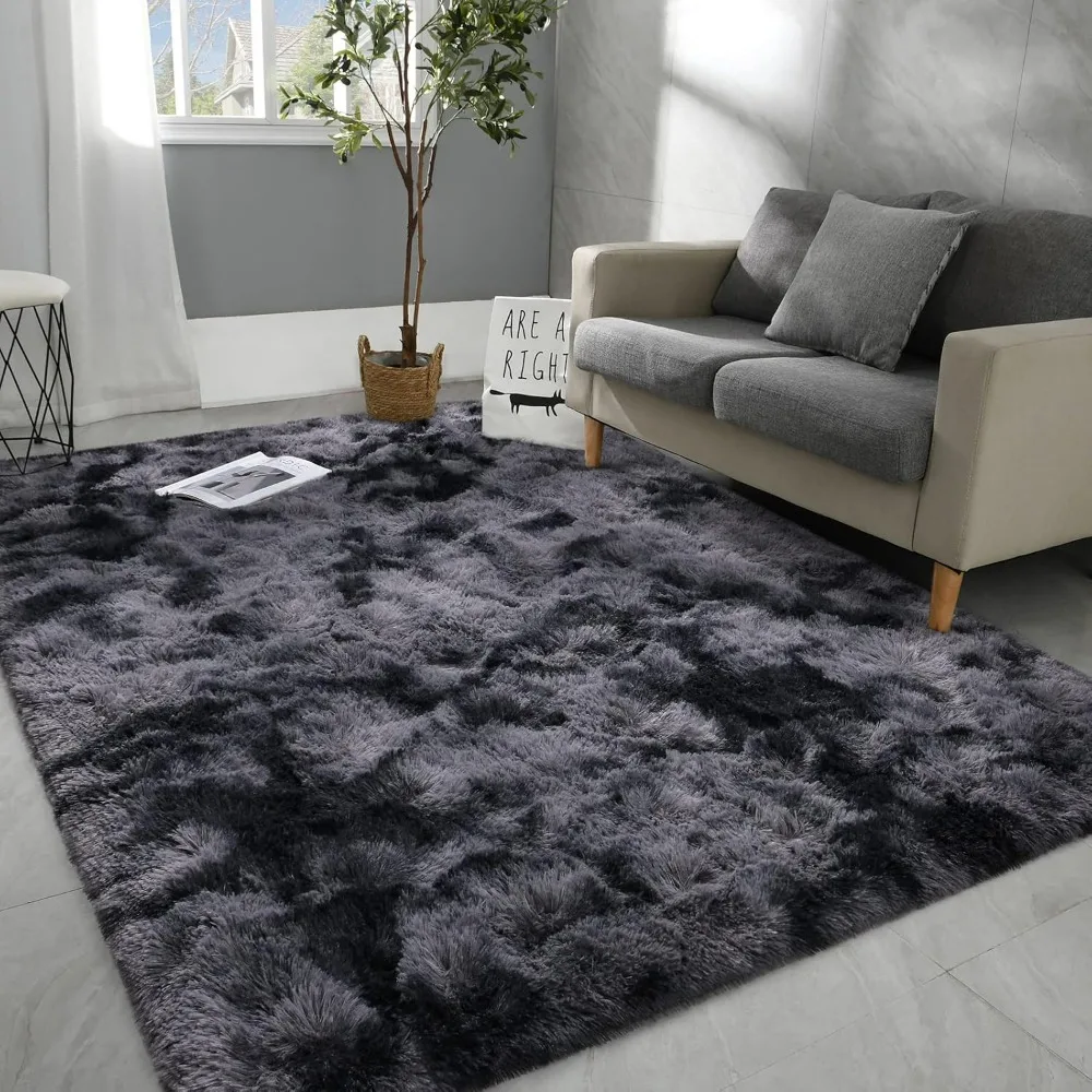 9x12 Large Area Rugs for Living Room, Super Soft Fluffy Modern Bedroom Rug, Tie-Dyed Dark Grey Indoor Shag Fuzzy Carpets for