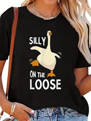 2024 New Silly Goose On The Loose Duck Print T-Shirt Summer Women's Fashion Short Sleeve Cute Round Neck T-shirt