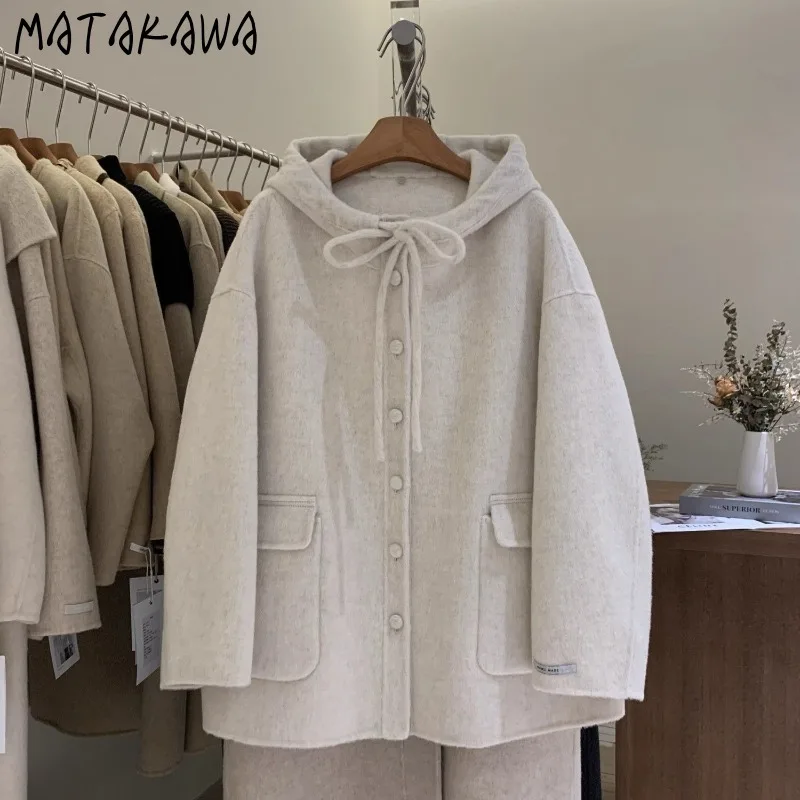 

Matakawa Autumn Winter Clothes Woolen Jackets Woman Solid Hooded Warm Chaquetas Korean Fashion Pockets Loose Outwears