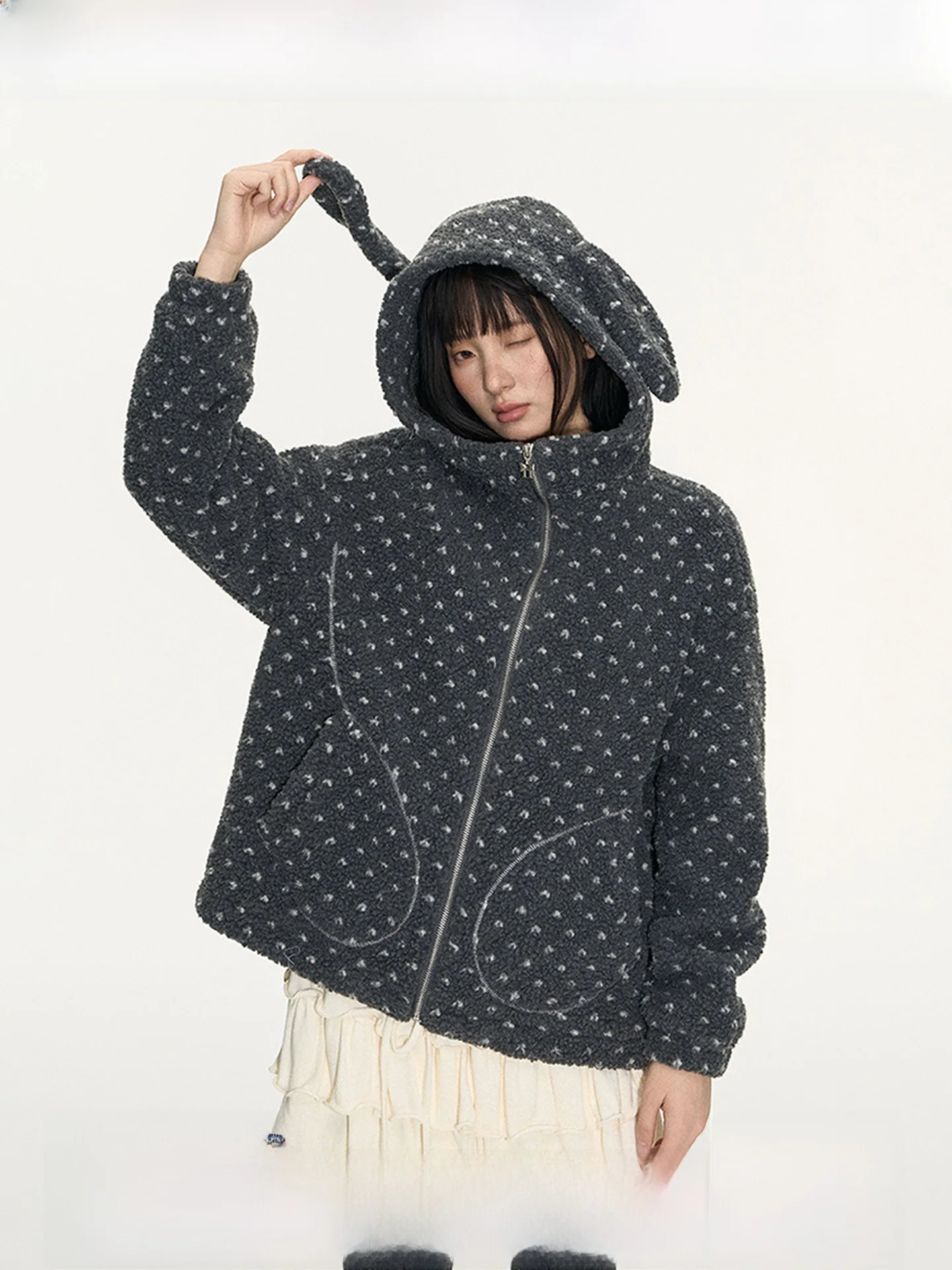 

TAKEANAP оригинальный джат с кроличьими ушками в горошек из меха ягненка, женская винтажная одежда с капюшоном, осенне-зимняя верхняя одежда